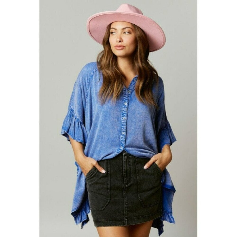 Time Flies Acid Washed Ruffled Shirt in Royal Blue - Picture 2 of 8